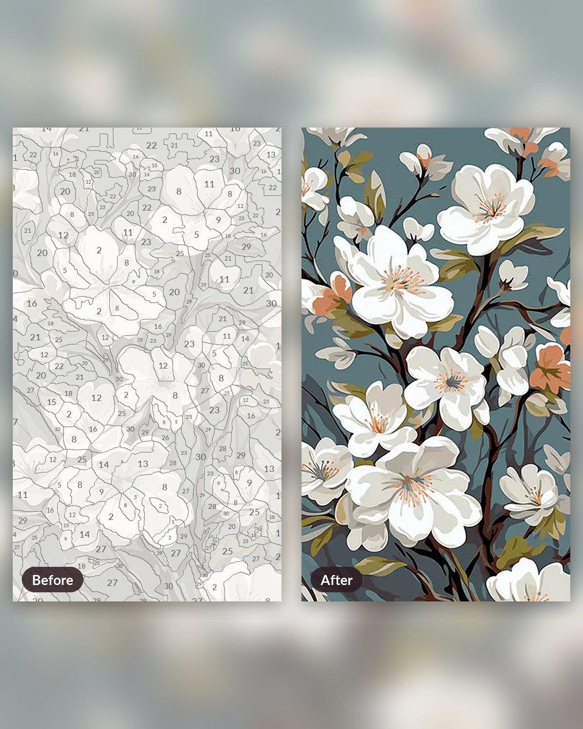 Tapestry of Blossoms paint by numbers kit, before and after