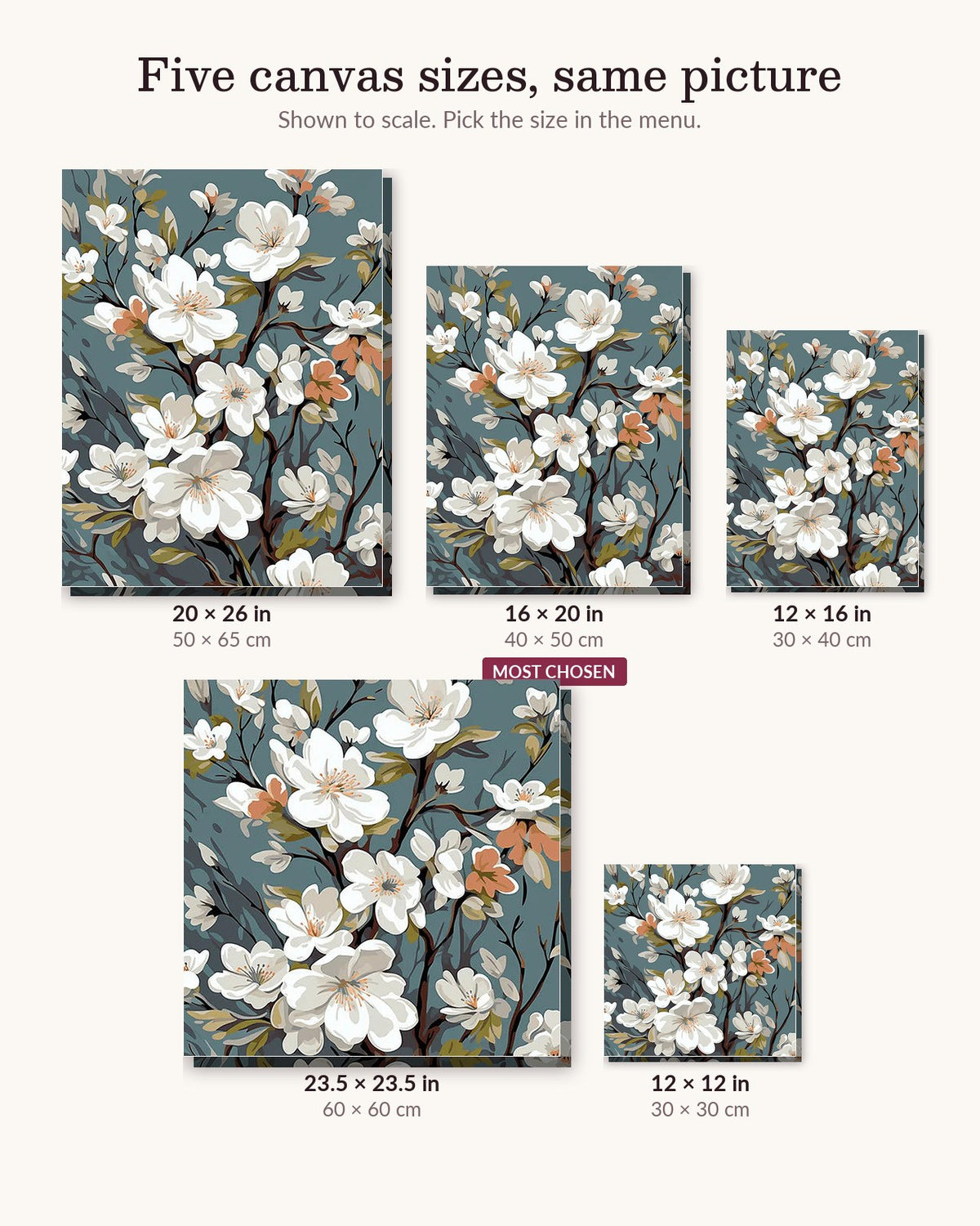 Tapestry of Blossoms canvas sizes from 12 x 12 to 23.5 x 23.5 inches