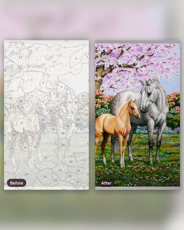 Spring Horses paint by numbers kit, before and after