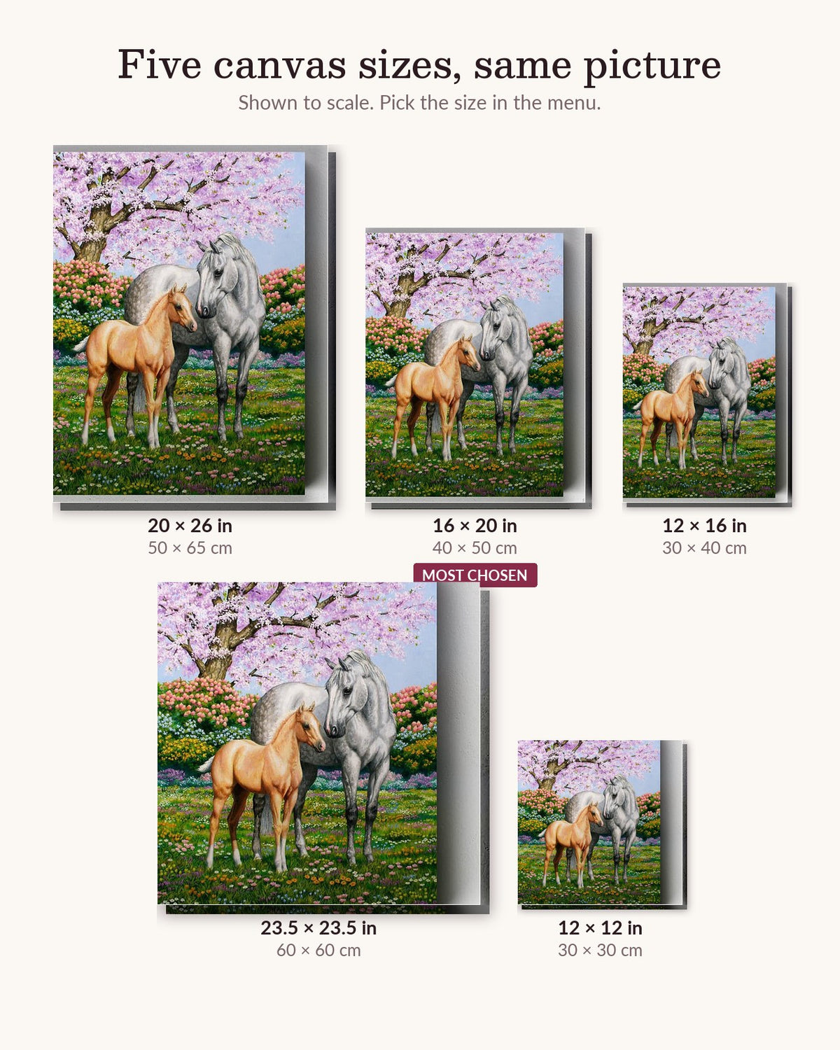 Spring Horses canvas sizes from 12 x 12 to 23.5 x 23.5 inches