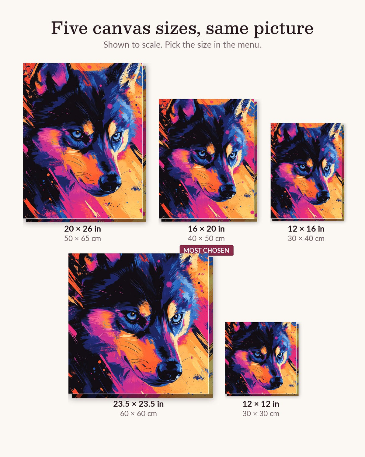 Spry Husky canvas sizes from 12 x 12 to 23.5 x 23.5 inches
