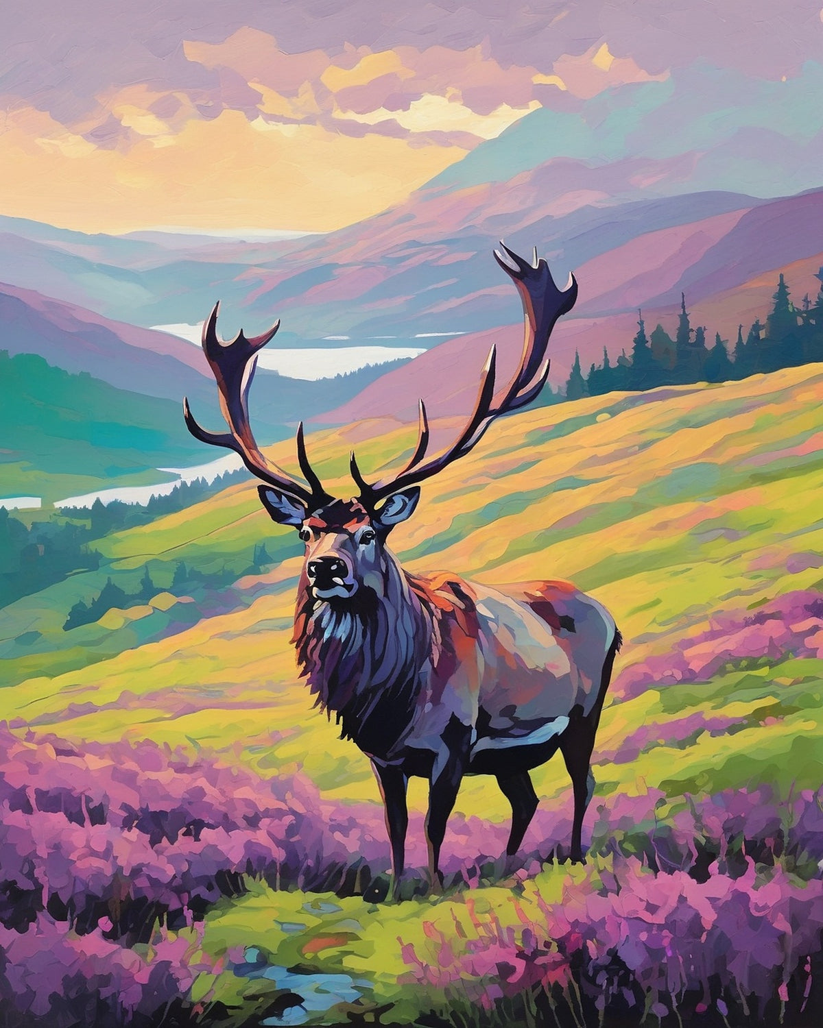 Stag in the Misty Highlands paint by numbers kit, stag on a foggy heather hillside