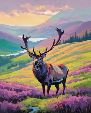 Stag in the Misty Highlands paint by numbers kit, stag on a foggy heather hillside