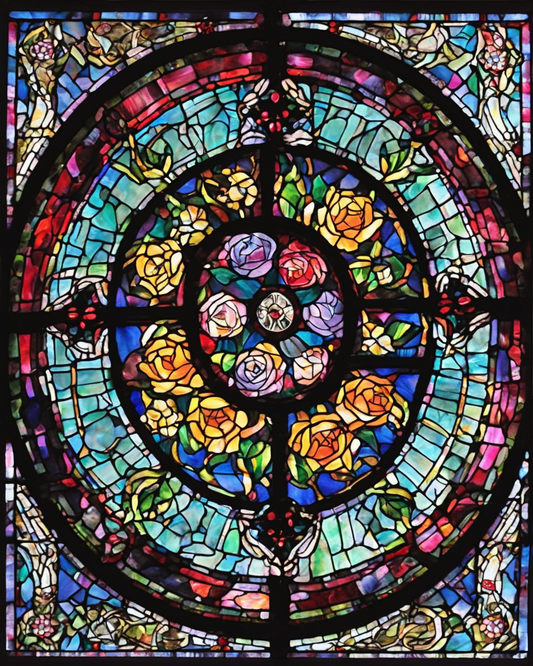 Paint by numbers canvas of a round stained glass window with roses in its panels, glowing in jewel colors against a dark ground
