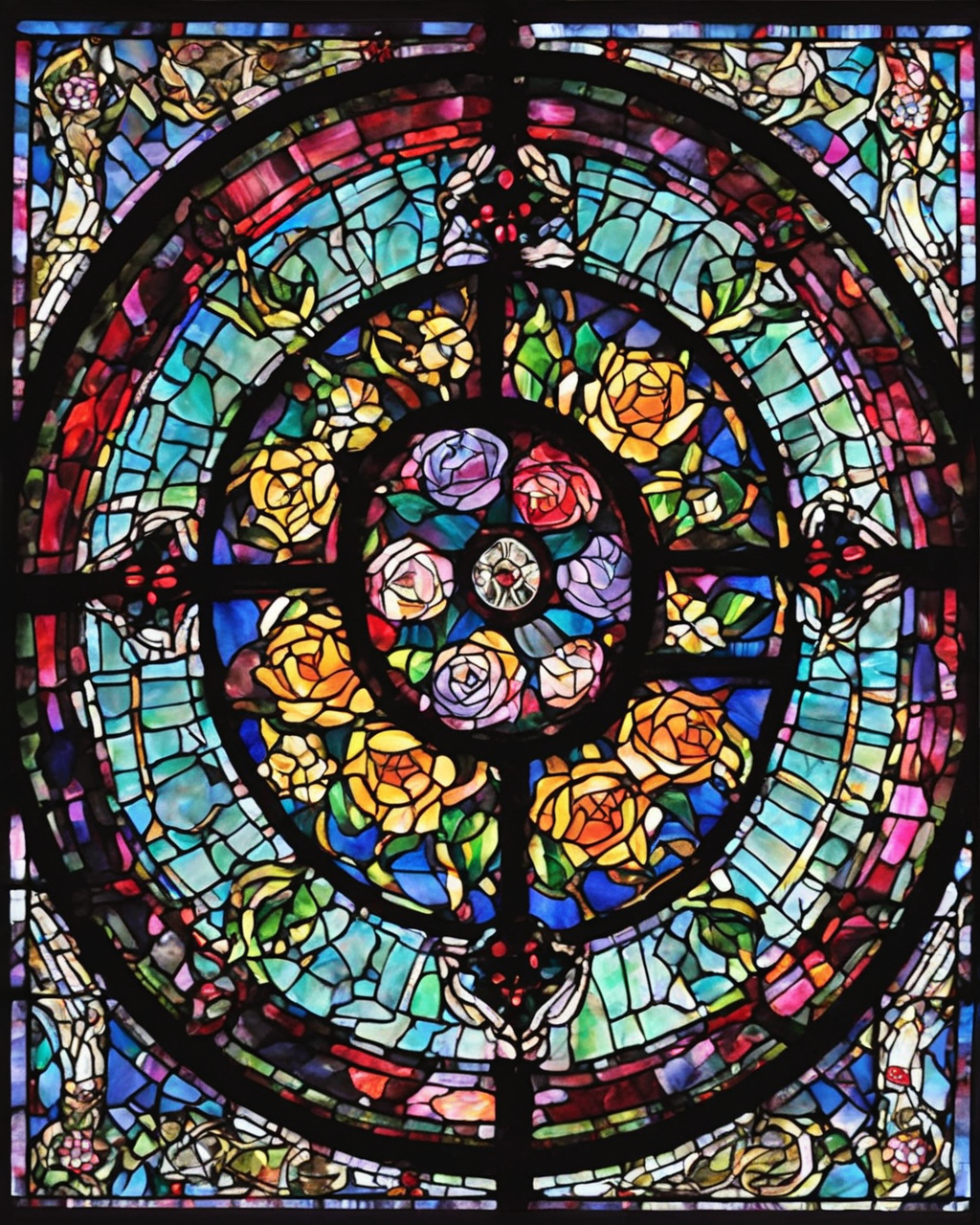 Paint by numbers canvas of a round stained glass window with roses in its panels, glowing in jewel colors against a dark ground