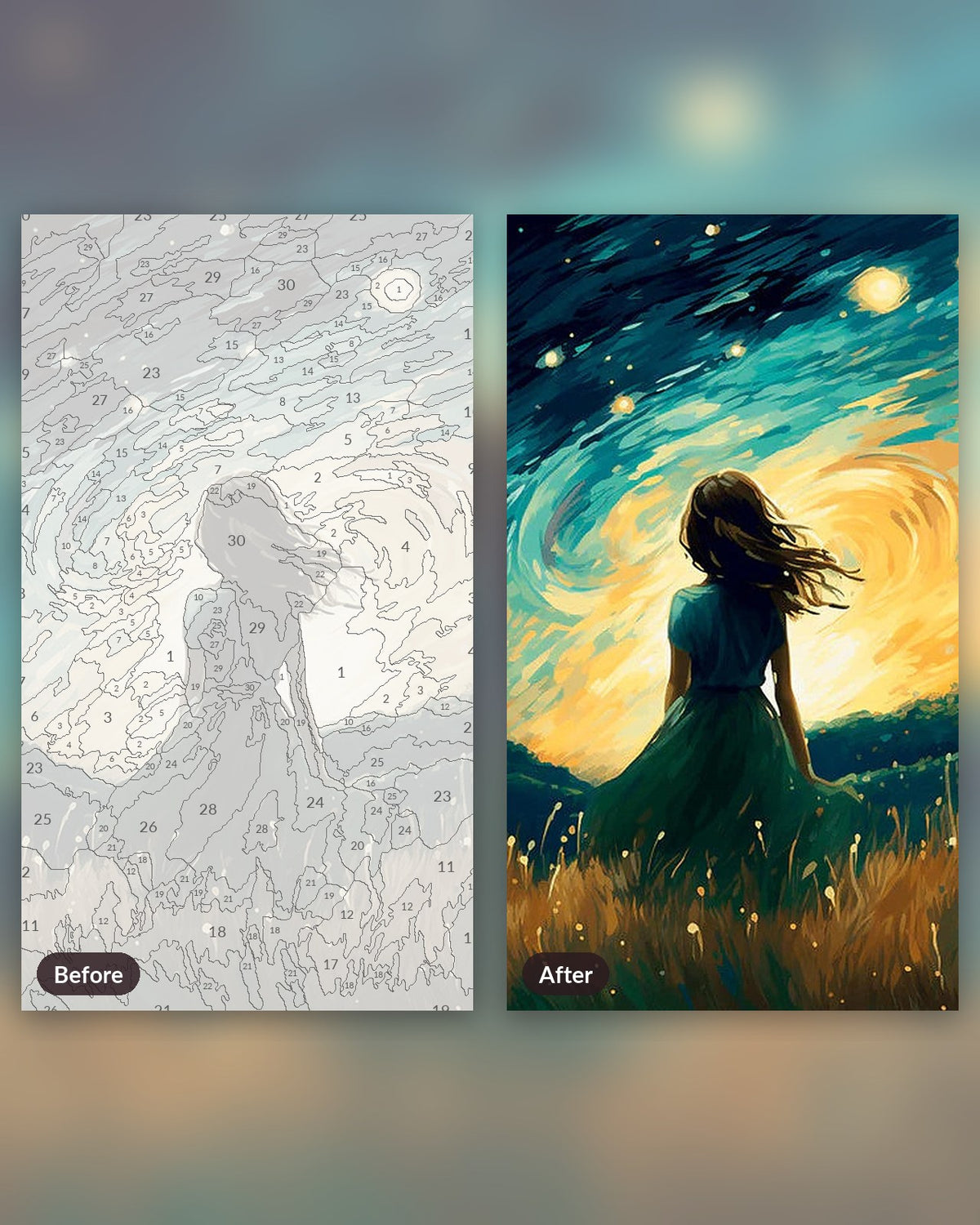 Celestial Reflection paint by numbers kit, before and after