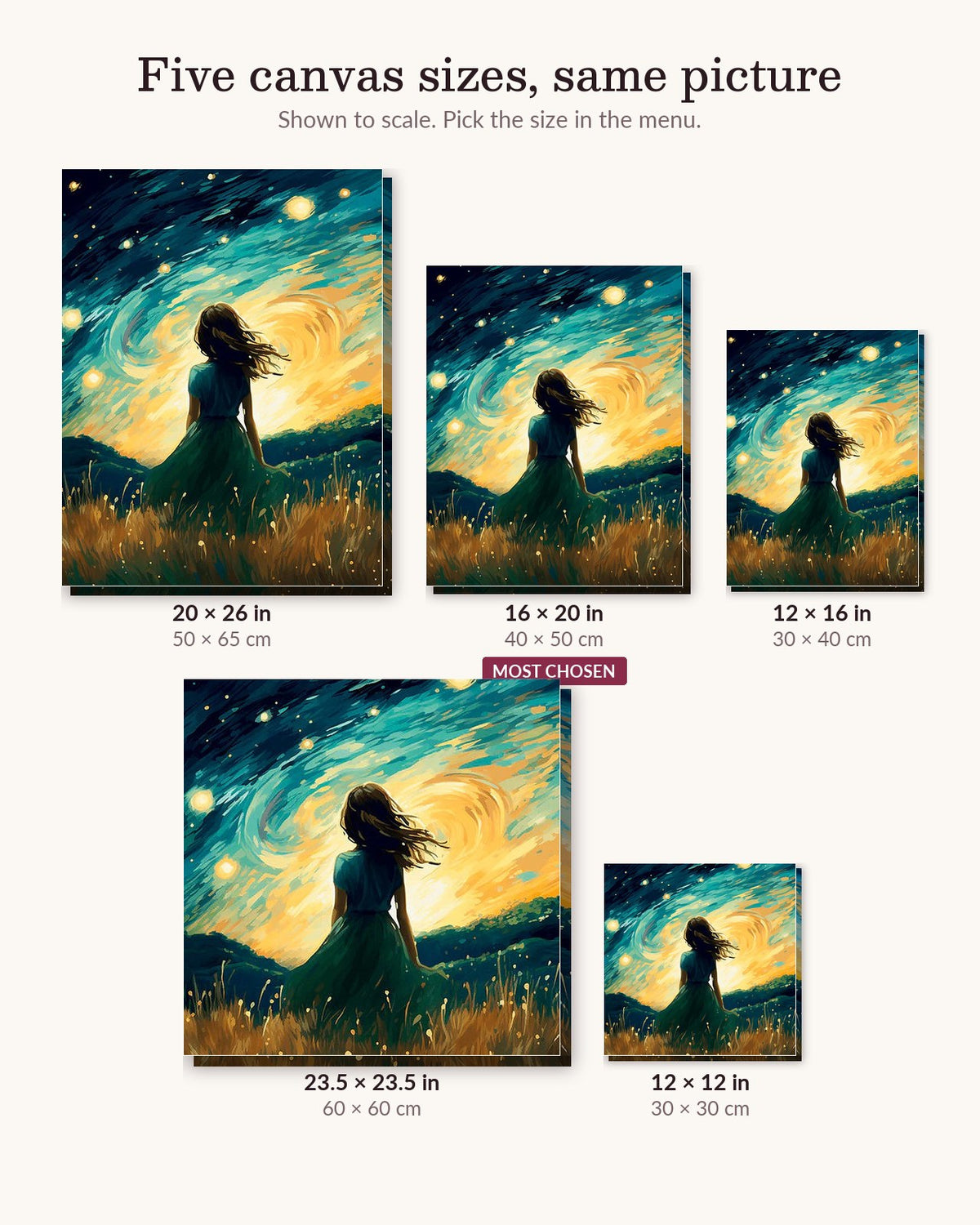Celestial Reflection canvas sizes from 12 x 12 to 23.5 x 23.5 inches
