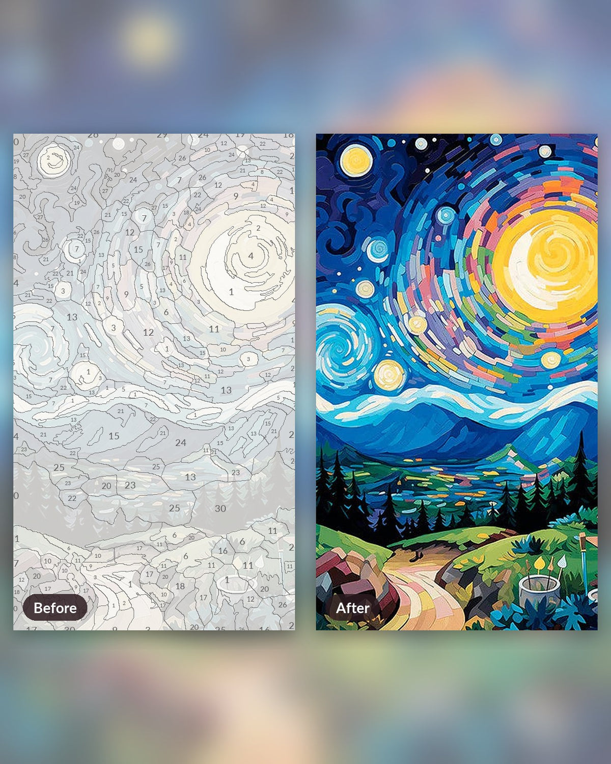 The Starry Veil paint by numbers kit, before and after