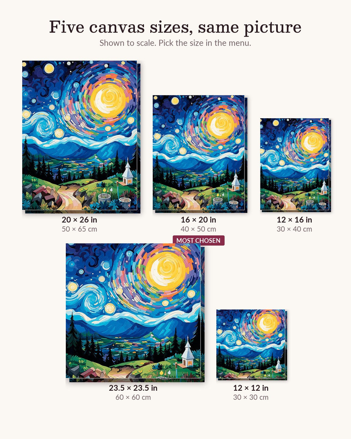 The Starry Veil canvas sizes from 12 x 12 to 23.5 x 23.5 inches