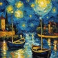 Starry Night over the Rhone after Van Gogh paint by numbers kit, stars over a dark river with golden lamp reflections