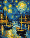 Starry Night over the Rhone after Van Gogh paint by numbers kit, stars over a dark river with golden lamp reflections
