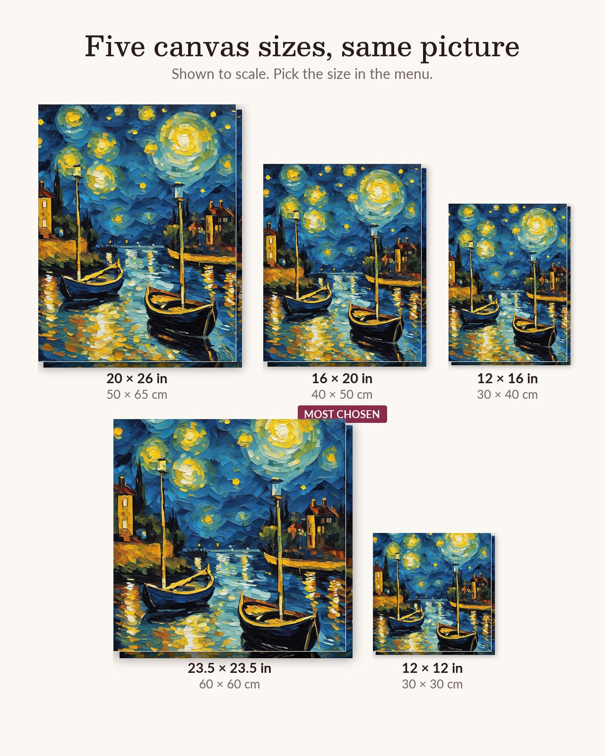 Starry Night over the Rhone after Van Gogh canvas sizes from 12 x 12 to 23.5 x 23.5 inches