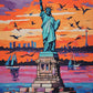 statue of liberty at sunset with seagulls, sailboats and a city skyline over pink water, paint by numbers kit