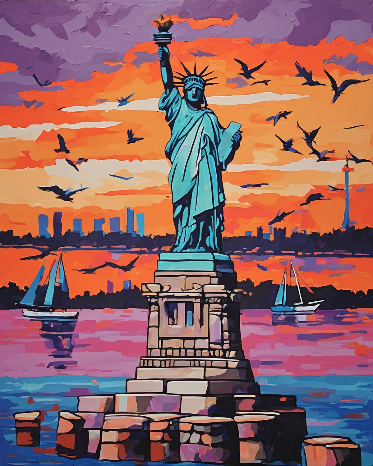 statue of liberty at sunset with seagulls, sailboats and a city skyline over pink water, paint by numbers kit