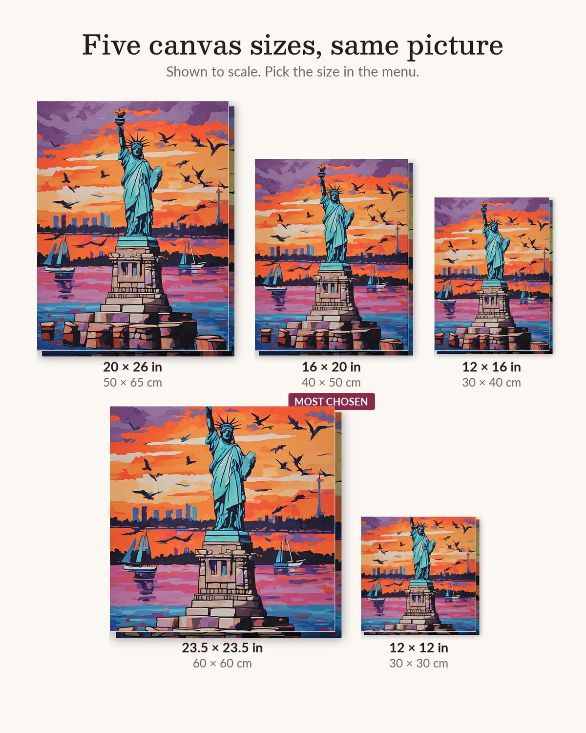 Statue of Liberty at Sunset canvas sizes from 12 x 12 to 23.5 x 23.5 inches