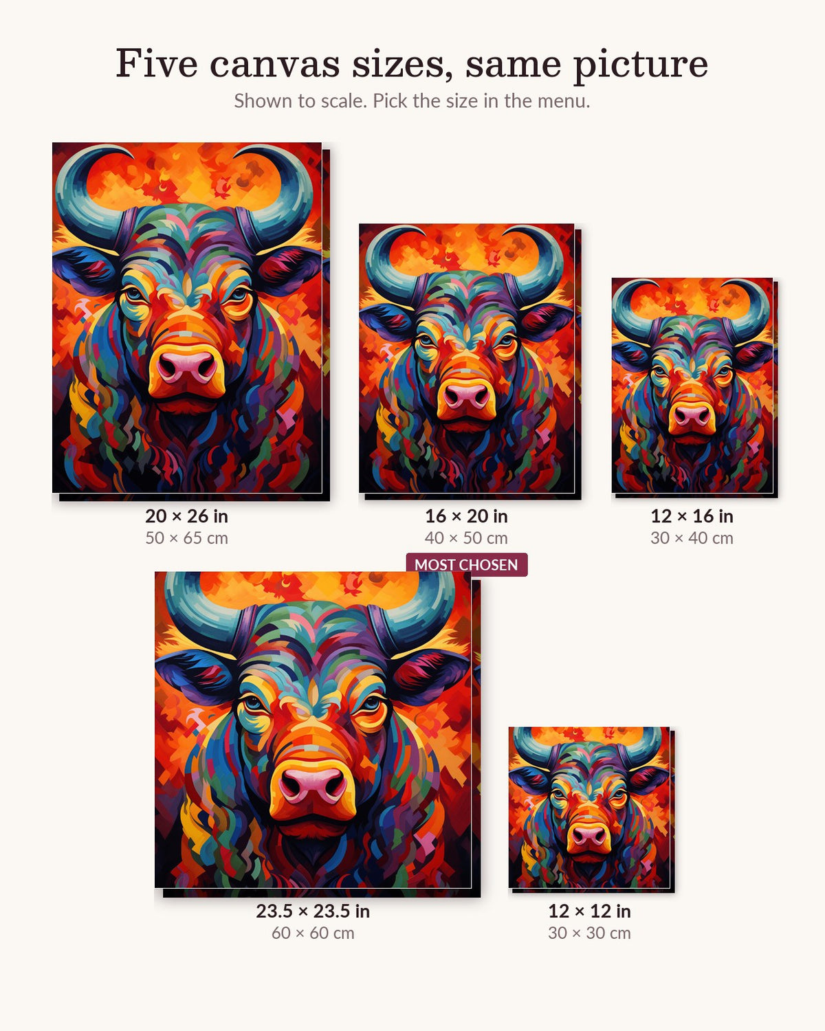 Steady Eyes canvas sizes from 12 x 12 to 23.5 x 23.5 inches