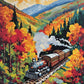black steam train with red cars on a track through autumn forest hills, paint by numbers kit