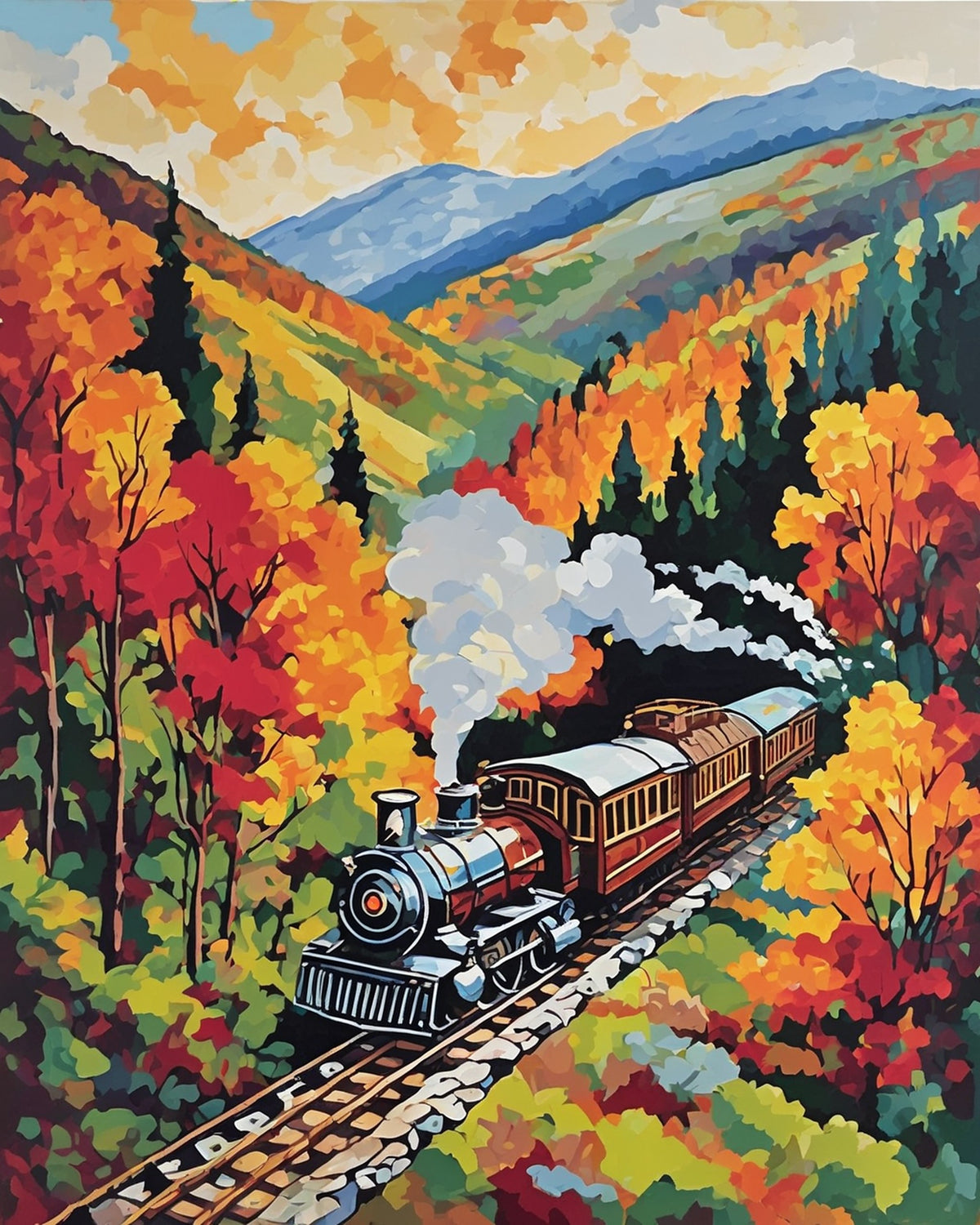 black steam train with red cars on a track through autumn forest hills, paint by numbers kit