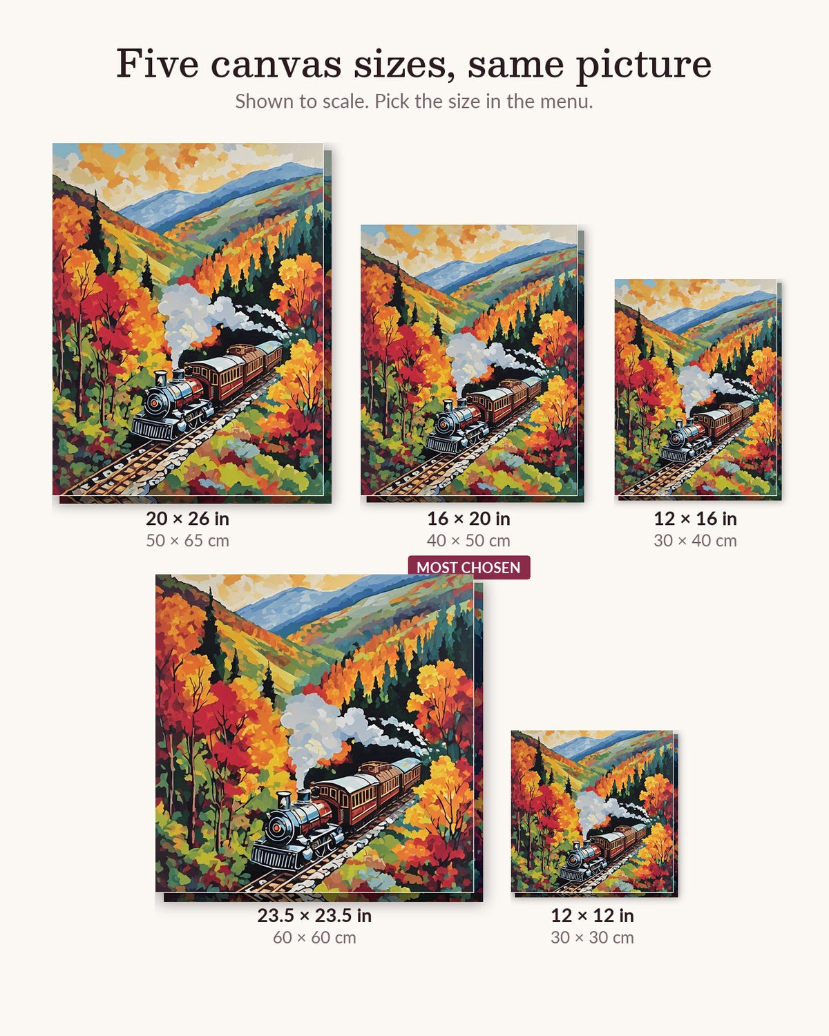 Steam Train through Autumn Hills canvas sizes from 12 x 12 to 23.5 x 23.5 inches