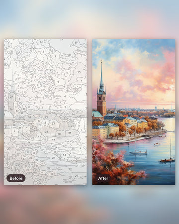 Stockholm by the Water paint by numbers kit, before and after