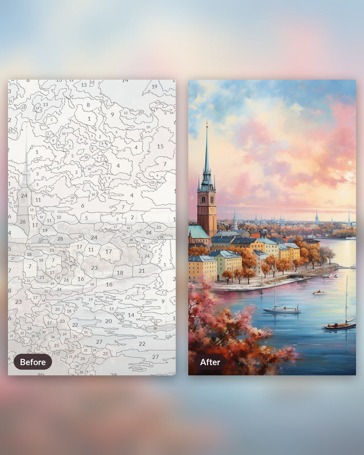 Stockholm by the Water paint by numbers kit, before and after