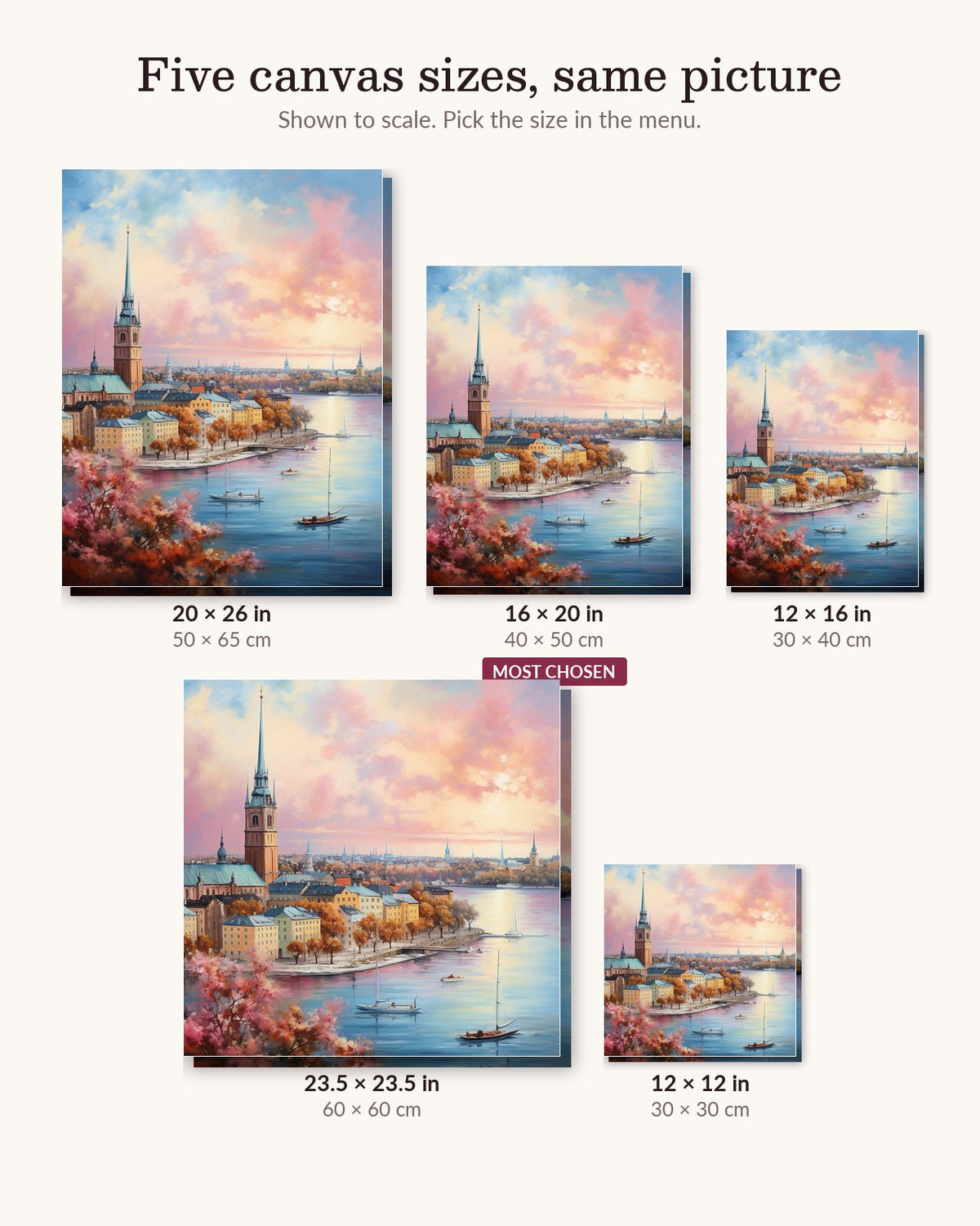 Stockholm by the Water canvas sizes from 12 x 12 to 23.5 x 23.5 inches