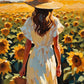 Straw Hat in the Sunflowers paint by numbers kit, woman in a straw hat seen from behind in a sunflower field