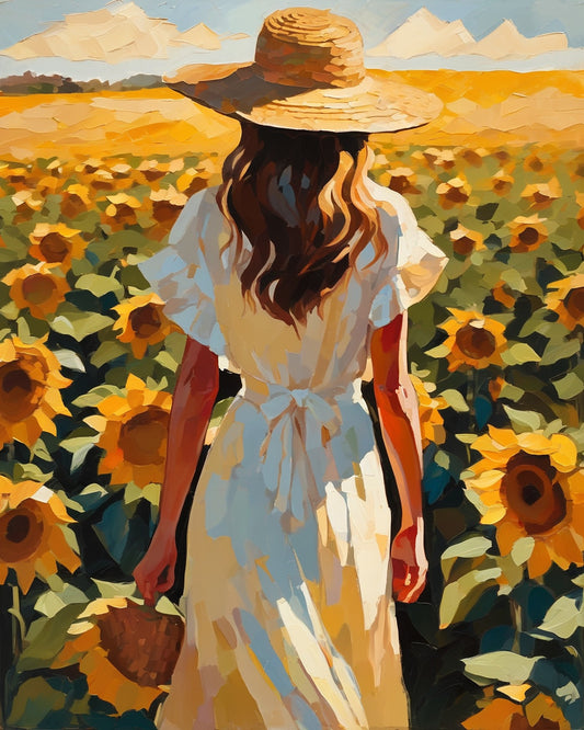 Straw Hat in the Sunflowers paint by numbers kit, woman in a straw hat seen from behind in a sunflower field