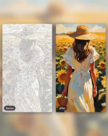 Straw Hat in the Sunflowers paint by numbers kit, before and after