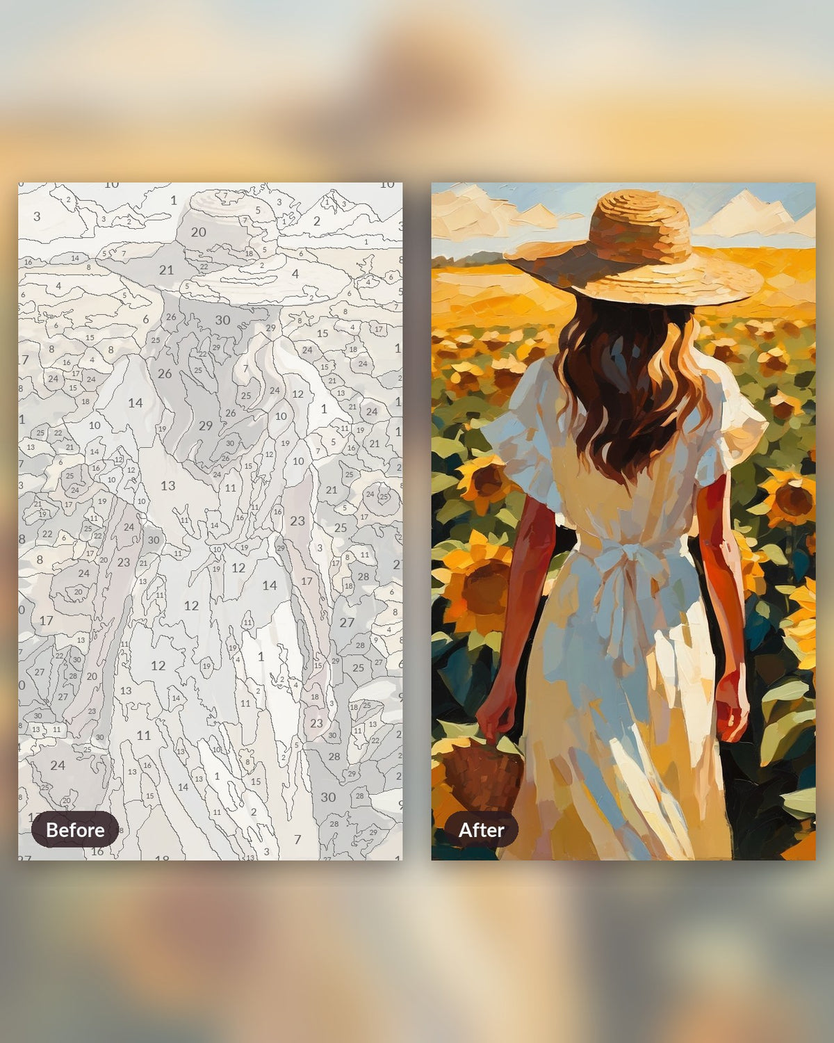 Straw Hat in the Sunflowers paint by numbers kit, before and after