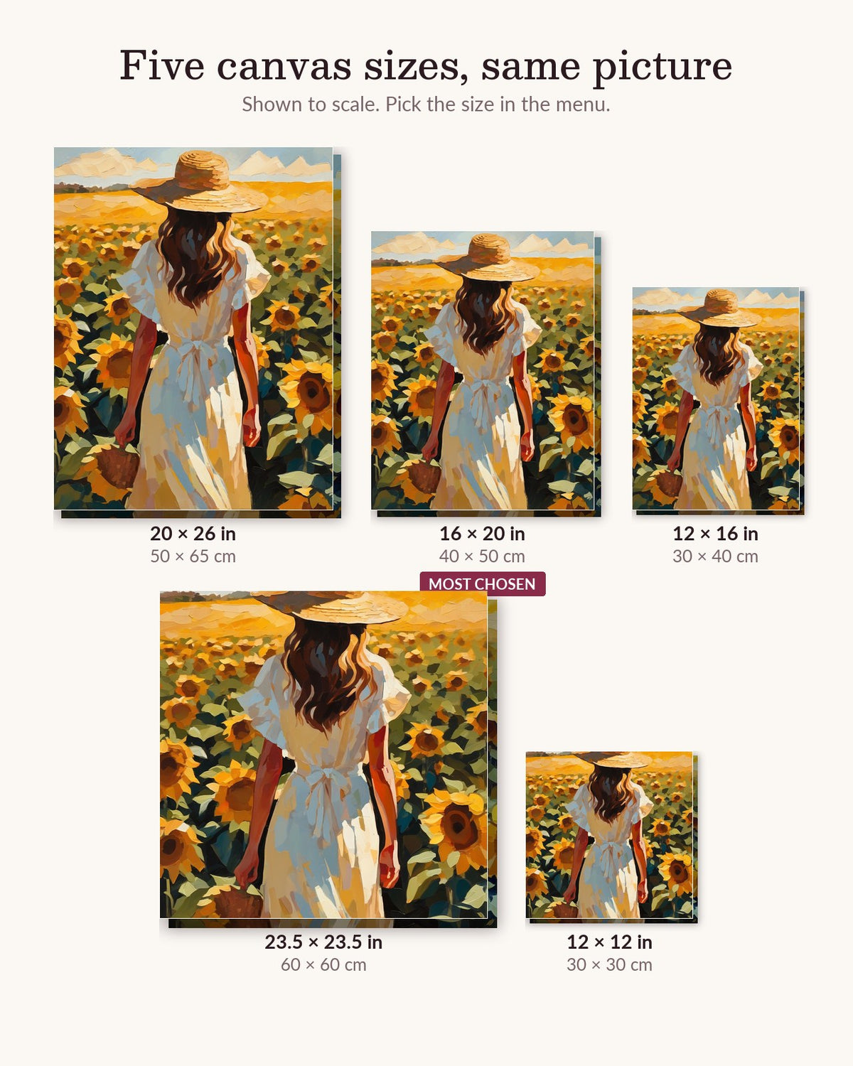 Straw Hat in the Sunflowers canvas sizes from 12 x 12 to 23.5 x 23.5 inches