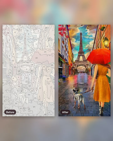 Parisian Boulevards paint by numbers kit, before and after