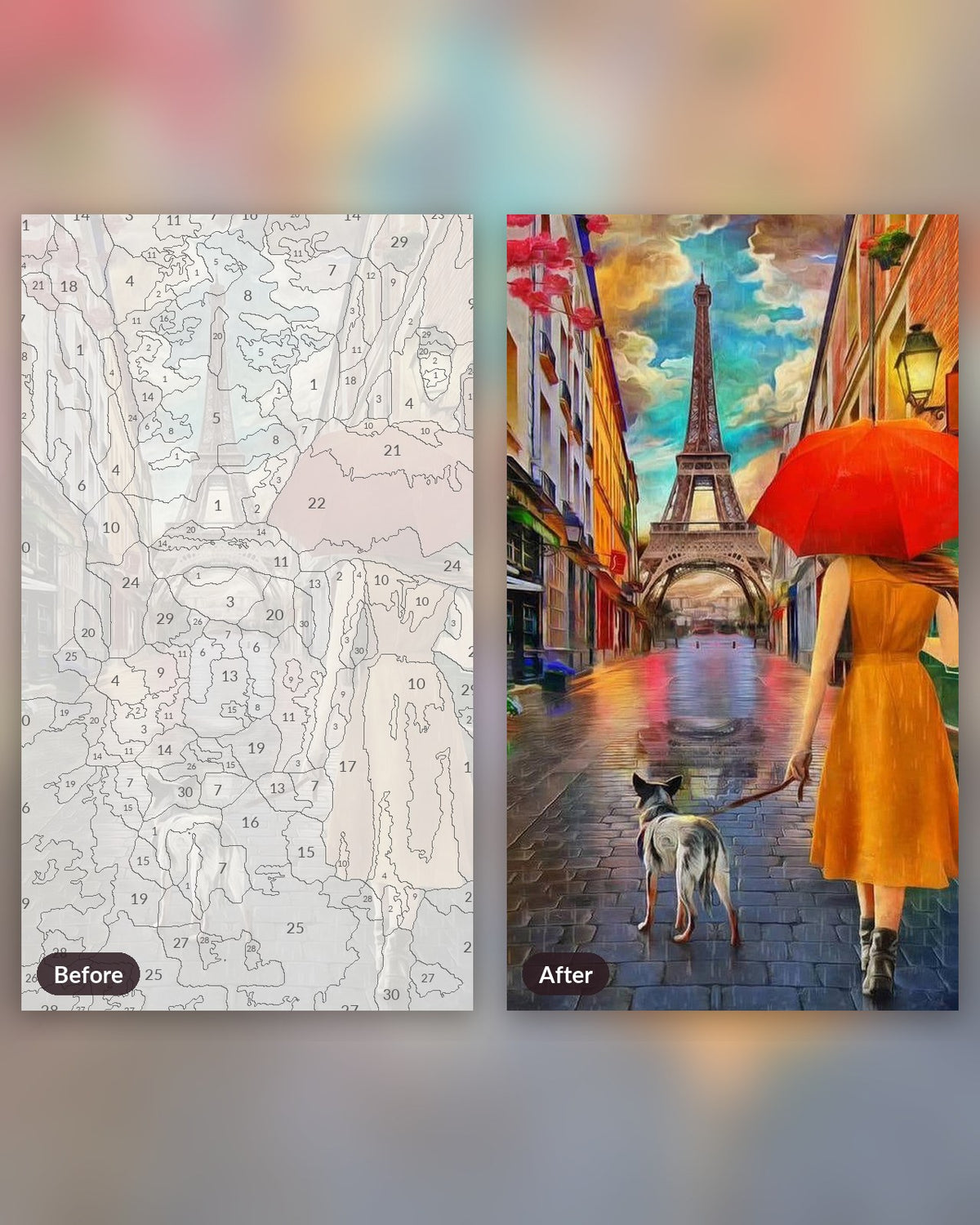 Parisian Boulevards paint by numbers kit, before and after