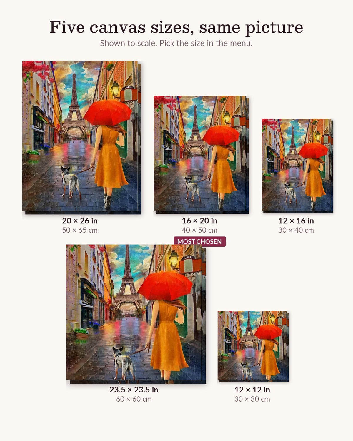Parisian Boulevards canvas sizes from 12 x 12 to 23.5 x 23.5 inches