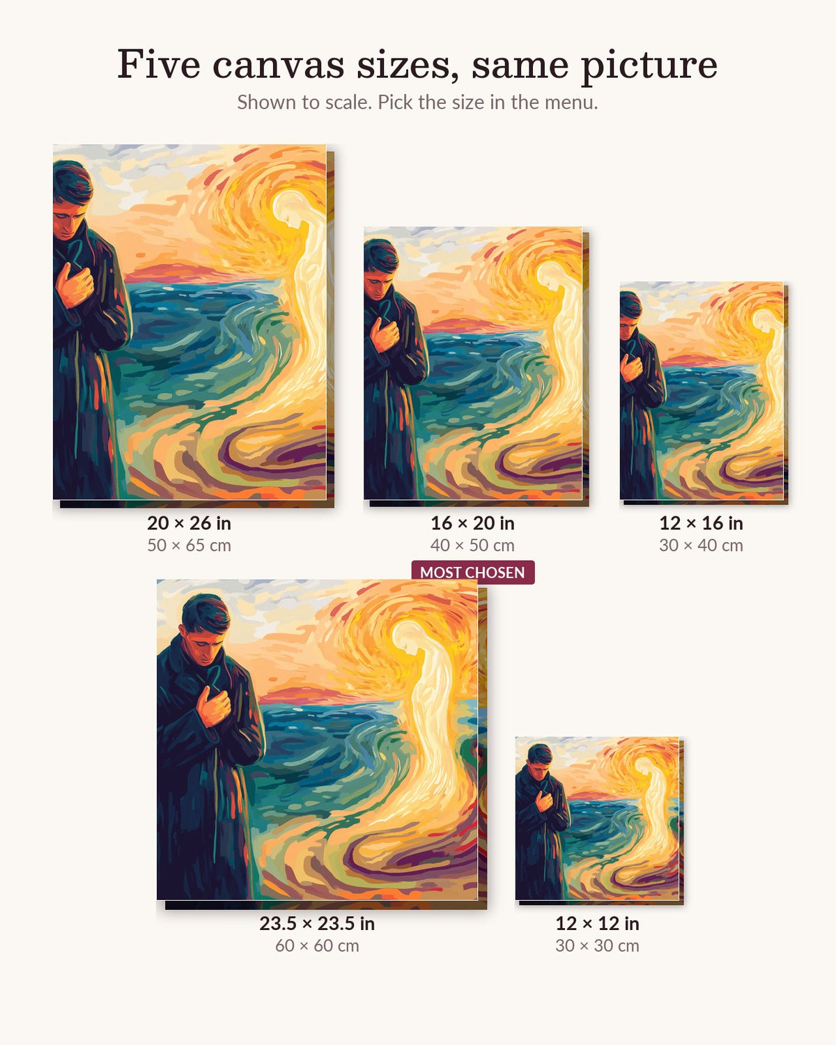 Submissive canvas sizes from 12 x 12 to 23.5 x 23.5 inches