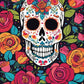 decorated white sugar skull with flower patterns surrounded by pink red and orange roses on a black background, paint by numbers kit