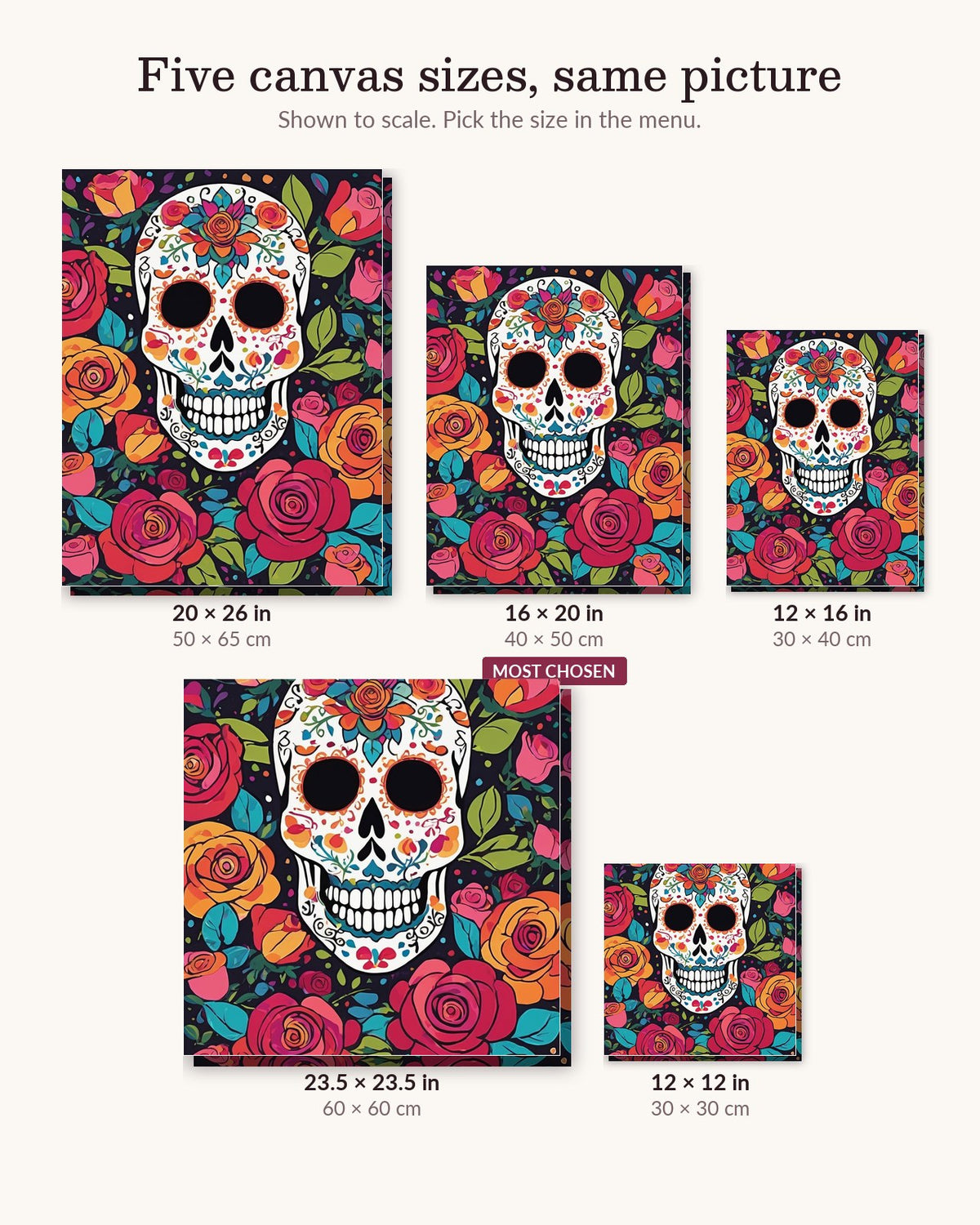 Sugar Skull with Roses canvas sizes from 12 x 12 to 23.5 x 23.5 inches