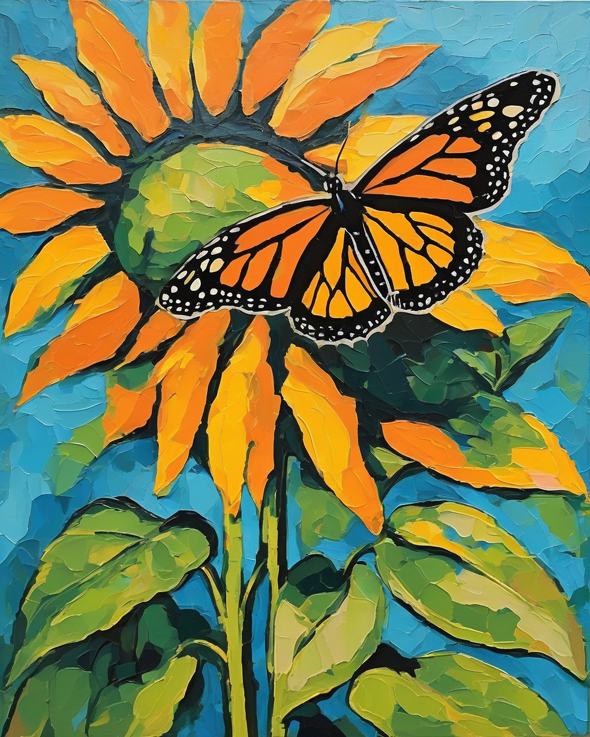 Sunflower and Monarch paint by numbers kit, large sunflower with an orange monarch butterfly