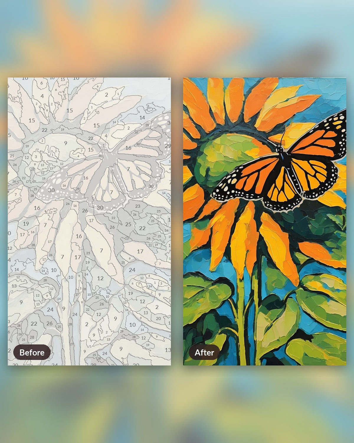 Sunflower and Monarch paint by numbers kit, before and after