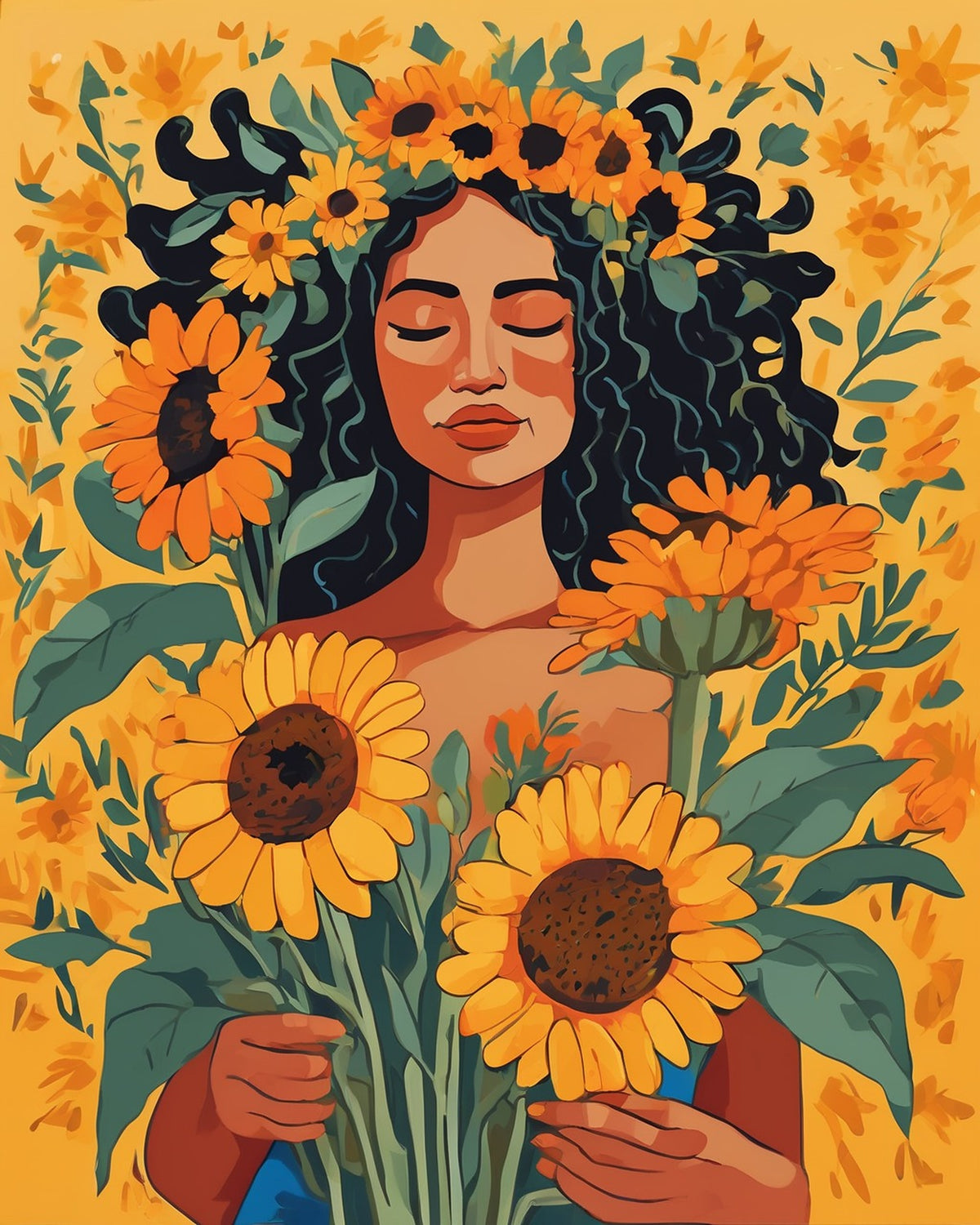 Sunflower Dreamer paint by numbers kit, woman with closed eyes holding sunflowers, crown of sunflowers and marigolds, on mustard yellow