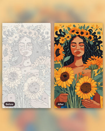 Sunflower Dreamer paint by numbers kit, before and after