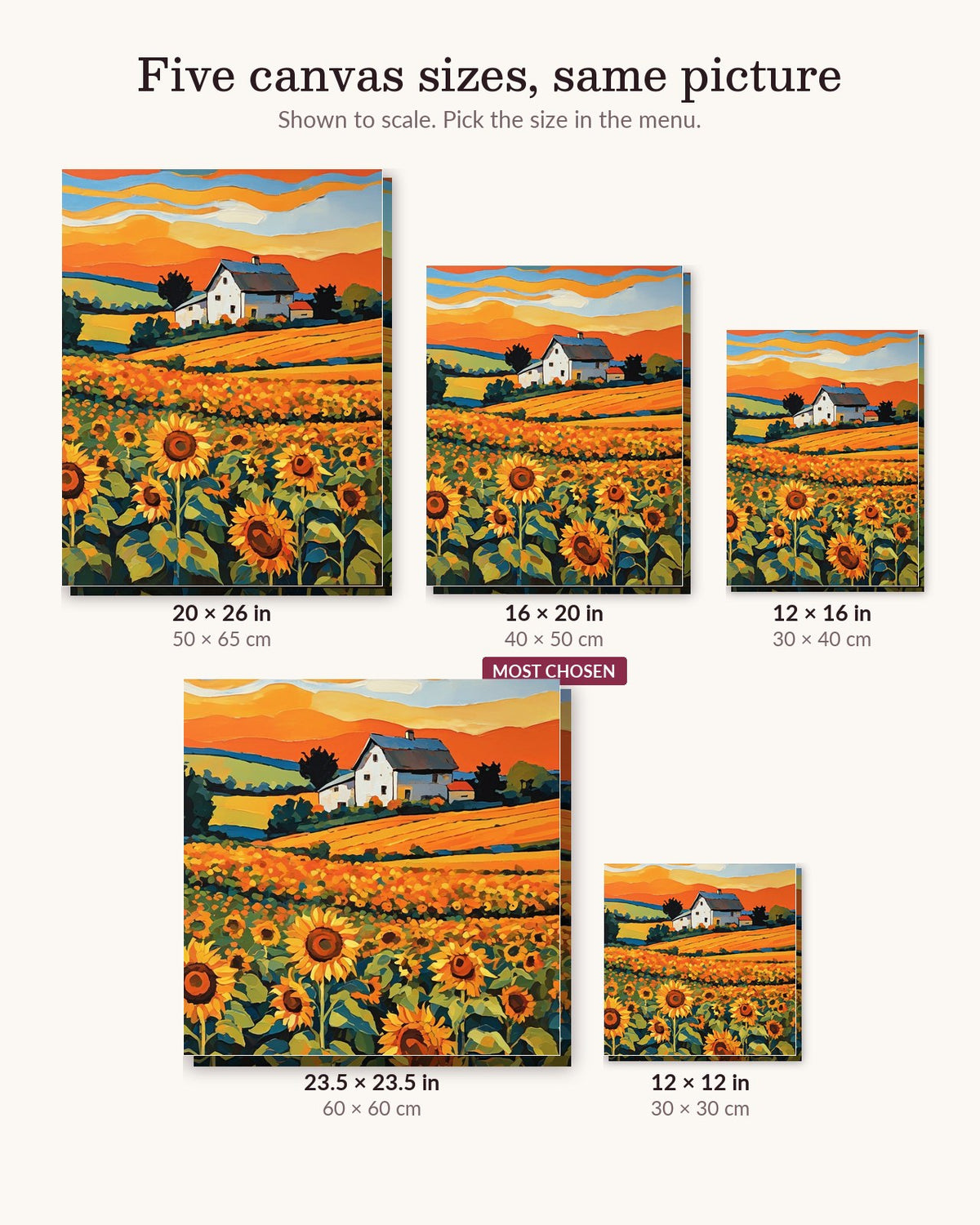 Sunflower Field at Golden Hour canvas sizes from 12 x 12 to 23.5 x 23.5 inches