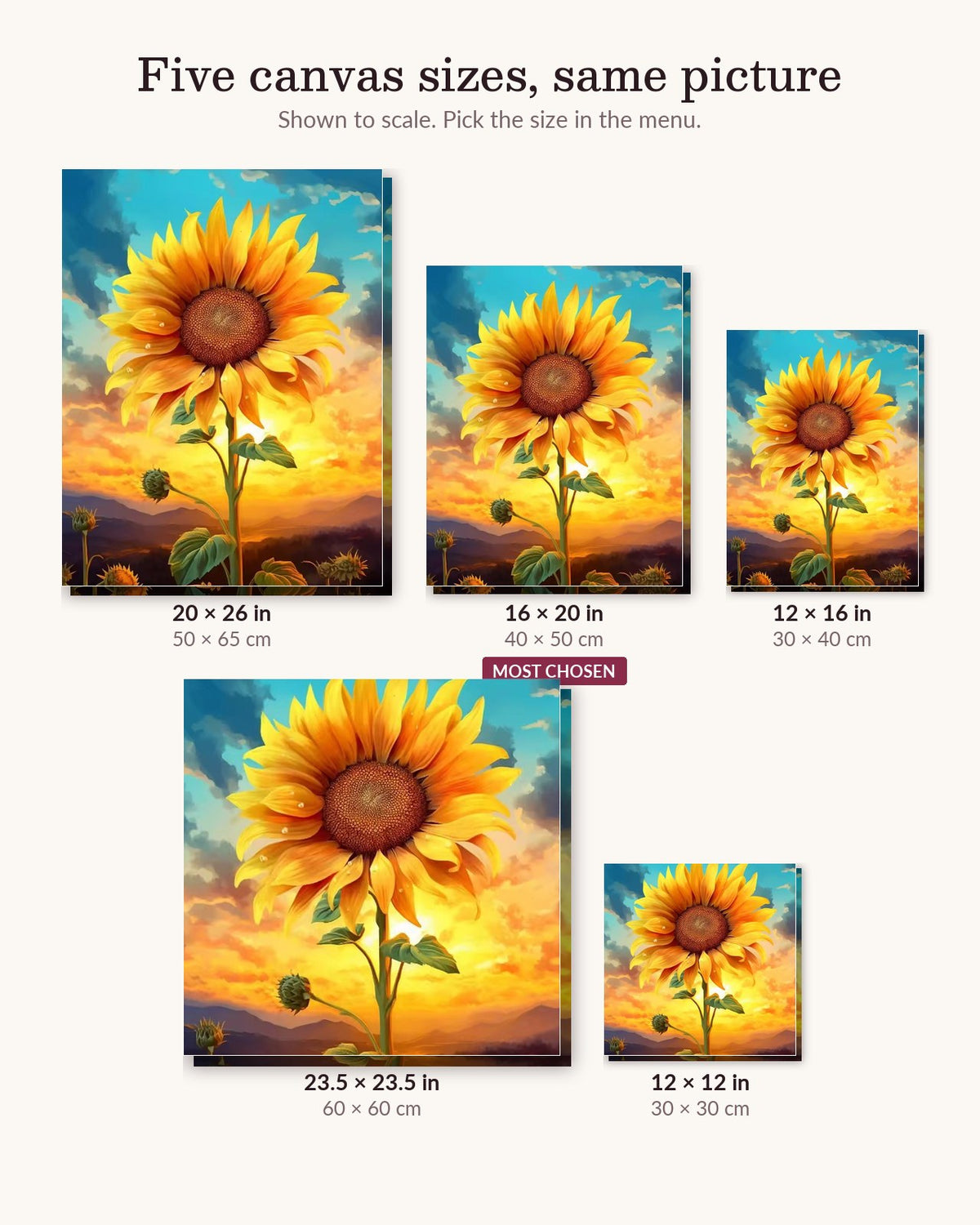 Sunflower canvas sizes from 12 x 12 to 23.5 x 23.5 inches