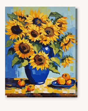 Sunflowers in a Blue Vase paint by numbers kit on stretched canvas