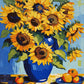yellow sunflowers in a deep blue vase with orange fruit on a plate, paint by numbers kit