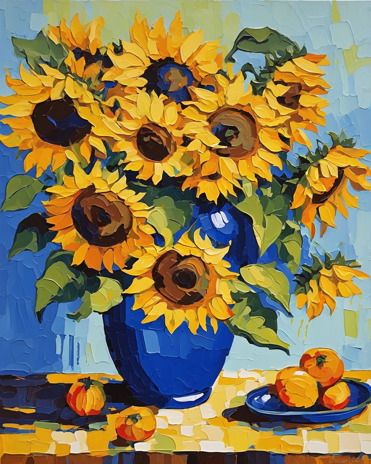 yellow sunflowers in a deep blue vase with orange fruit on a plate, paint by numbers kit