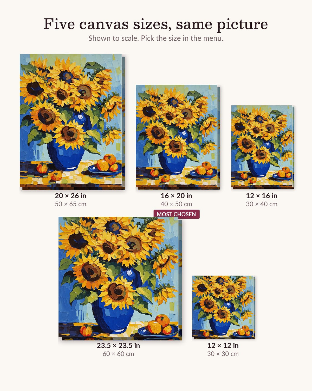 Sunflowers in a Blue Vase canvas sizes from 12 x 12 to 23.5 x 23.5 inches