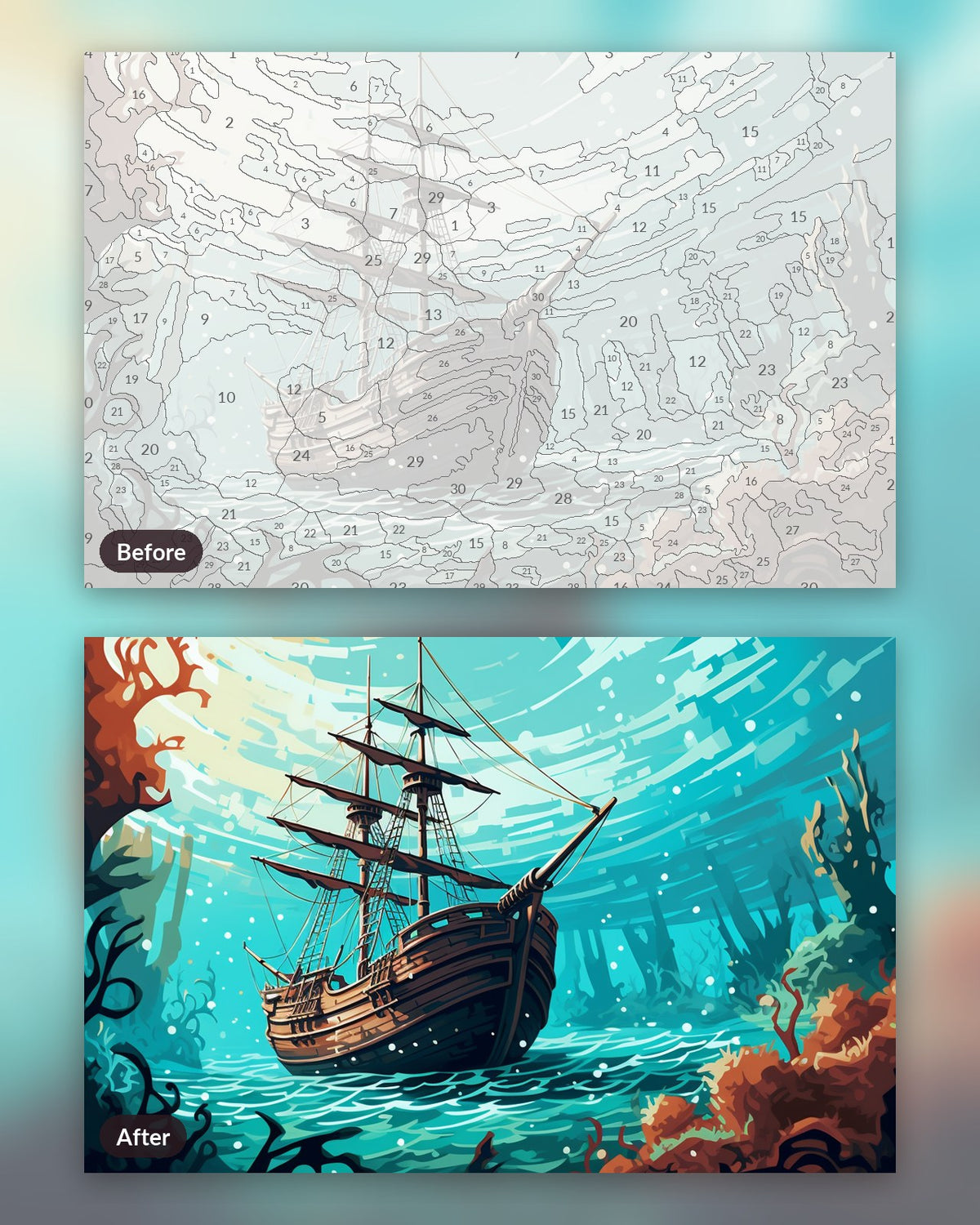 Sunken Mysteries paint by numbers kit, before and after