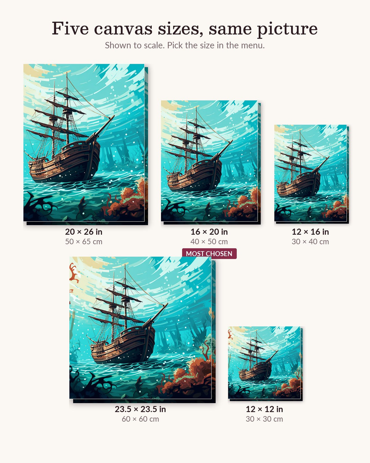 Sunken Mysteries canvas sizes from 12 x 12 to 23.5 x 23.5 inches