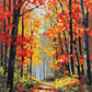 narrow path through an autumn forest with red, orange and gold leaves and dark tree trunks, paint by numbers kit